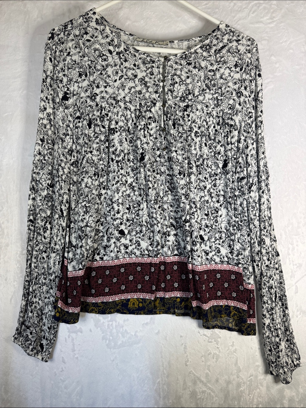 Boho Floral Long-Sleeve Top in White and Black with Border Accent